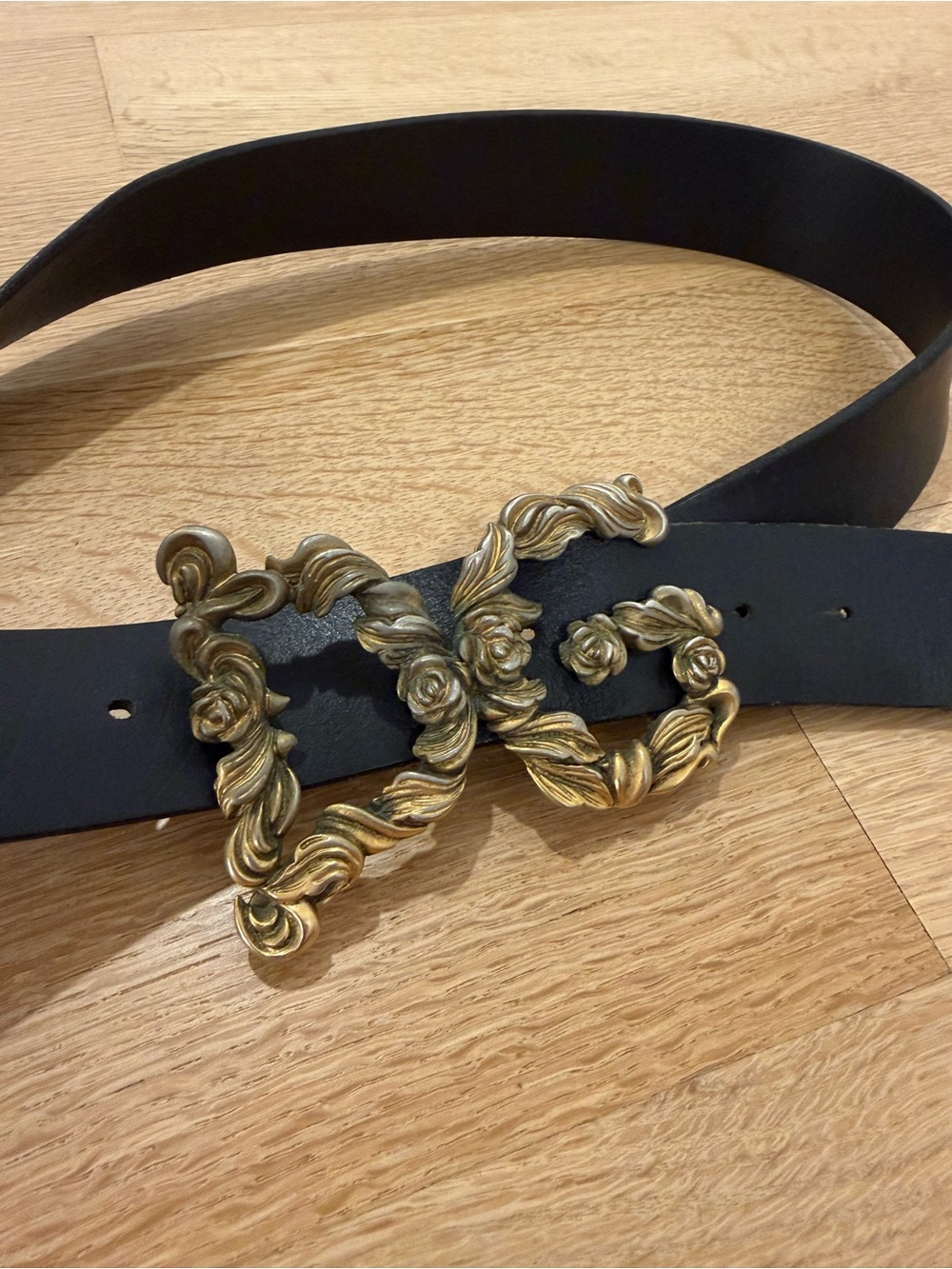 Authentic Dolce & Gabbana Black Leather Belt with Ornate Gold Floral DG Buckle